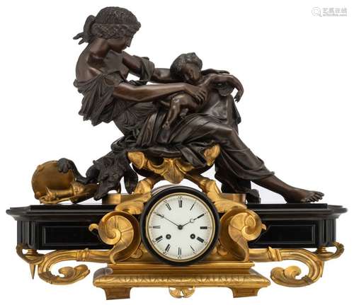 A fine noir Belge and gilt bronze mantel clock, wi…