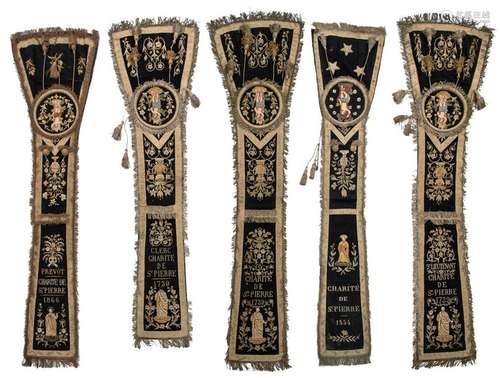 Five shoulder banners and a large procession banne…