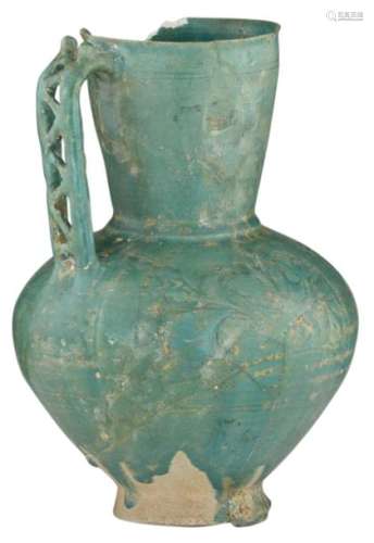 A turquoise glazed epigraphic Seljuk jug with engr…