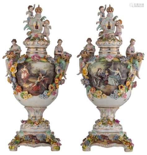 A pair of Saxony porcelain vases and covers, decor…