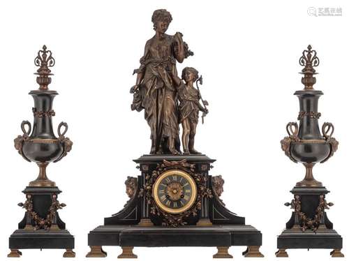 A three piece noir Belge marble garniture, consist…