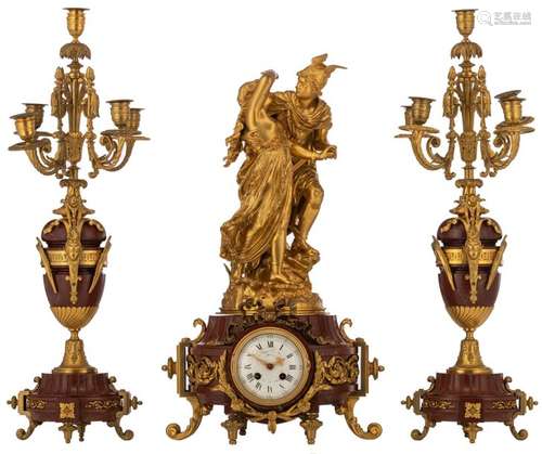 A Neoclassical three piece rouge Napoleon marble g…