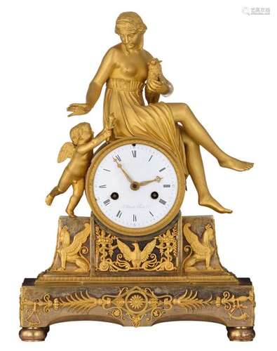 A fine French Empire bronze ormolu mantel clock, w…