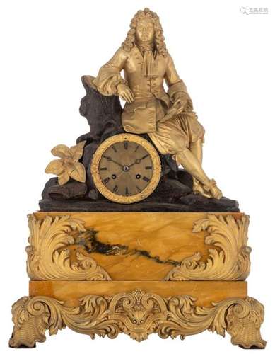 A yellow Sienna mantel clock, with patinated and g…