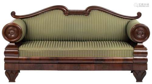 A mahogany veneered Biedermeier sofa, with circula…