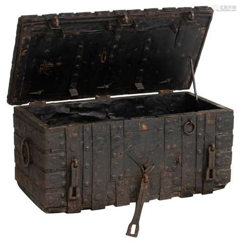 A wrought iron archive chest, 17thC, H 44 W 100 D …