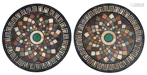 Two round tabletops in Italian pietra dura, ø 60,5…