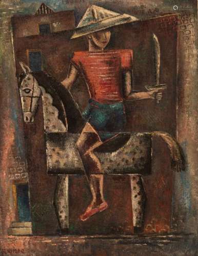 Kimpe R., a playing boy on his horse, oil on canva…