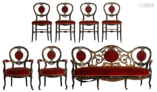 A Napoleon III black lacquered salon set consistin…