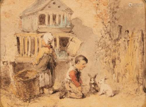 Ten Kate J.M., 'a little boy and his rabbits', pen…