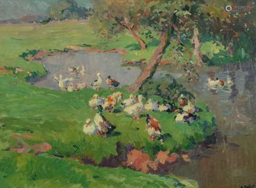 Roidot H., gooses and ducks near a pond, oil on pl…