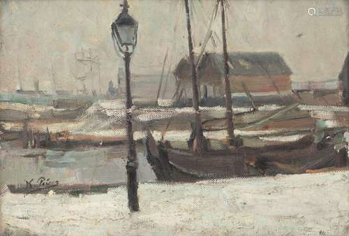 Peiser K., a harbour view in winter, oil on canvas…