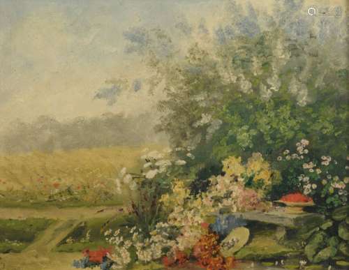 Indistinctly signed, a garden setting, oil on boar…