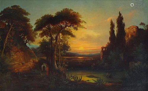 Painting, River Sunset with Figures