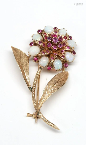 Opal, sapphire, 18k yellow gold flower brooch