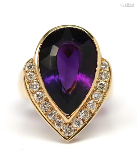 Amethyst, diamond, 14k yellow gold ring