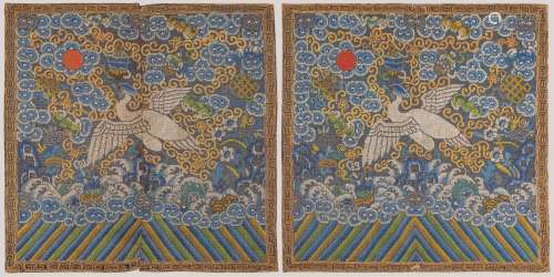 A Civil First Rank Kesi Badges with Crane Insignia, China, Qing Dynasty.