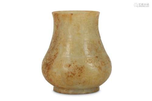 A SMALL CHINESE CREAM JADE ARCHAISTIC VASE.