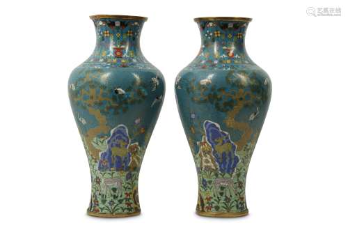 A PAIR OF CHINESE CLOISONNÉ 'LONGEVITY' BALUSTER VASES.