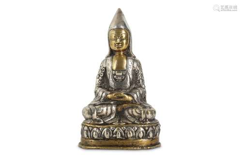 A TIBETAN BRONZE AND SILVER FIGURE OF TSONGKAPA.