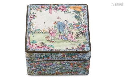 A CHINESE CANTON ENAMEL FAMILLE ROSE 'LADIES AND BOY' BOX AND COVER.