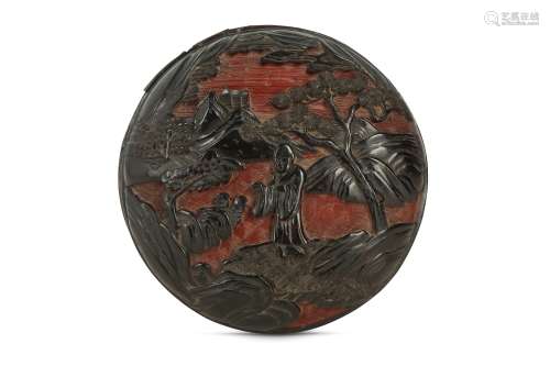 A CHINESE CIRCULAR BLACK AND CINNABAR LACQUER BOX AND COVER.