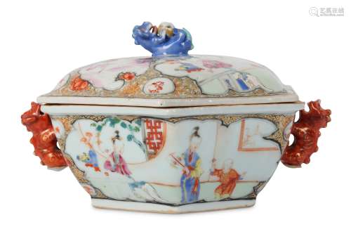 A CHINESE FAMILLE ROSE HEXAGONAL ‘LION DOGS’ TUREEN AND COVER.