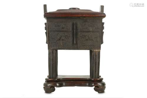 A CHINESE BRONZE INCENSE BURNER, FANG DING.