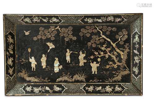 A CHINESE BLACK LACQUER RECTANGULAR 'BOYS' TRAY.