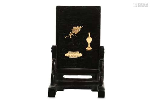 A CHINESE BLACK LACQUER BONE-INLAID MINIATURE TABLE SCREEN.