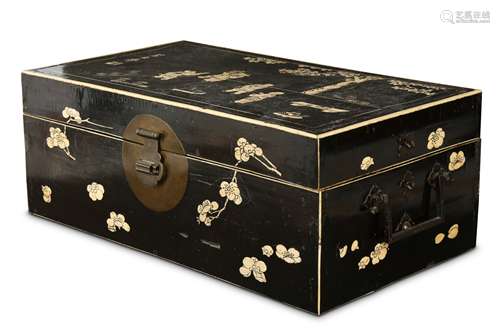 A CHINESE BLACK LACQUER BONE-INLAID RECTANGULAR 'BOYS' BOX AND COVER.