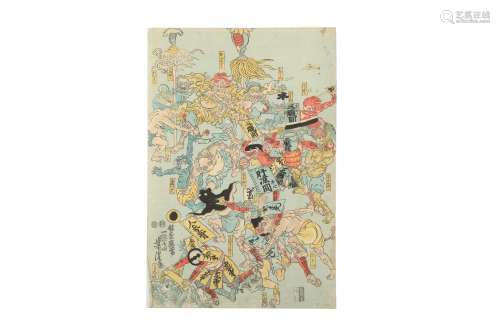 FIVE JAPANESE COMIC PRINTS BY KUNIYOSHI AND OTHERS.