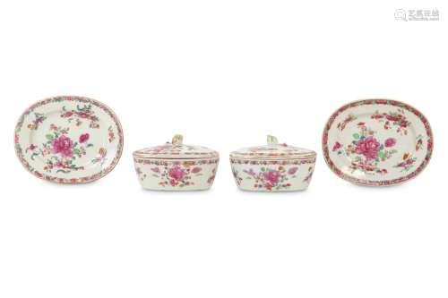 A PAIR OF CHINESE FAMILLE ROSE BUTTER TUBS, STANDS AND COVERS.