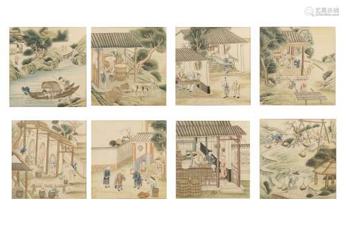 EIGHT CHINESE 'PORCELAIN PRODUCTION' WALLPAPER PANELS.