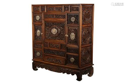 A CHINESE BONE-INSET RETICULATED WOOD CABINET.