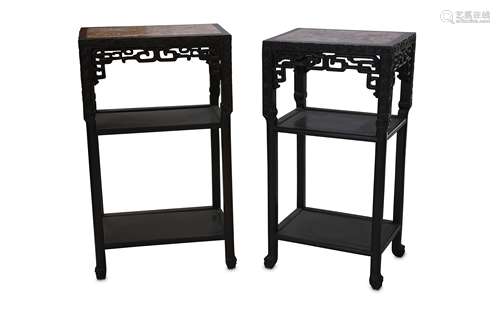 A PAIR OF CHINESE HARDWOOD AND MARBLE-INLAID STANDS.