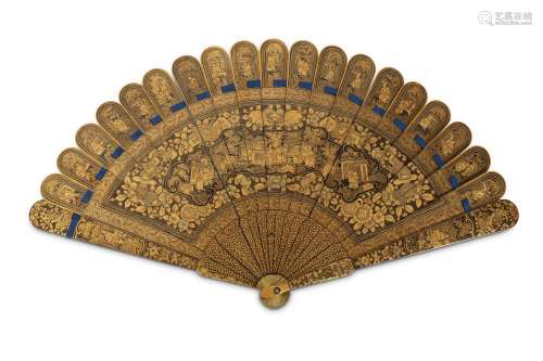 A CHINESE GILT BLACK LACQUER FOLDING FAN.