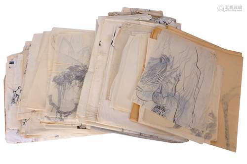 A LARGE GROUP OF JAPANESE INK PAINTINGS AND THREE HANGING SCROLLS.