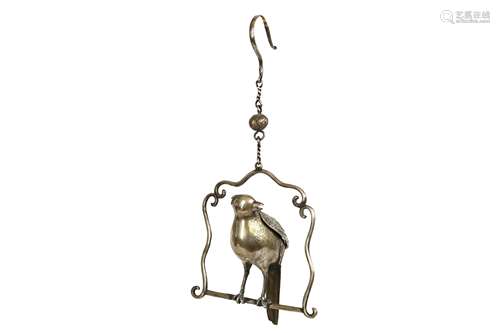 A CHINESE WHITE METAL HANGING ‘PARROT’ INCENSE BURNER AND COVER.