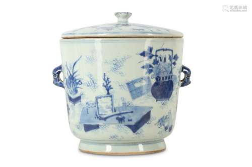 A CHINESE BLUE AND WHITE 'HUNDRED TREASURES' JAR AND COVER.