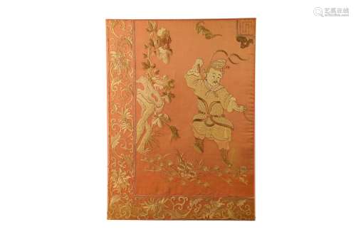 A CHINESE PEACH-GROUND EMBROIDERED 'WARRIOR' SILK PANEL.