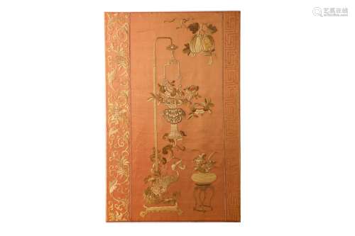 A CHINESE PEACH-GROUND EMBROIDERED SILK PANEL.