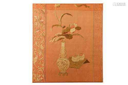 A CHINESE PEACH-GROUND EMBROIDERED 'FLOWER VASE' SILK PANEL.