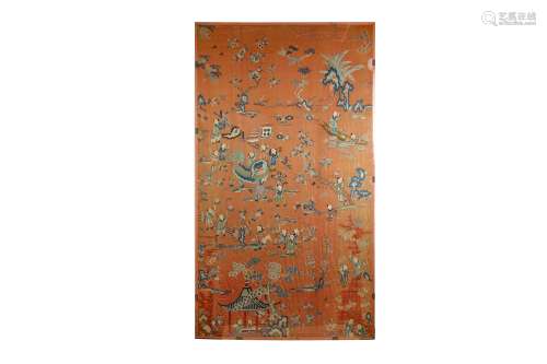 A CHINESE PEACH-GROUND EMBROIDERED 'HUNDRED BOYS' SILK PANEL.