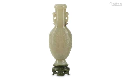 A CHINESE CELADON JADE VASE WITH 'TAOTIE' MASK TOGETHER WITH A SPINACH JADE STAND.