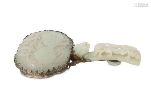 A CHINESE SILVER-MOUNTED WHITE JADE PLAQUE AND A BELT HOOK.
