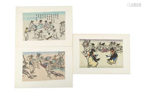 THREE KOREAN PRINTS BY B LAK JONG.