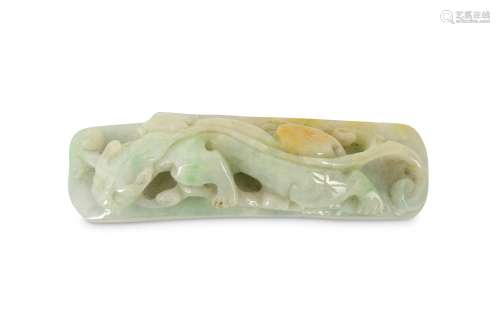 A CHINESE APPLE GREEN JADEITE 'CHILONG' PLAQUE.