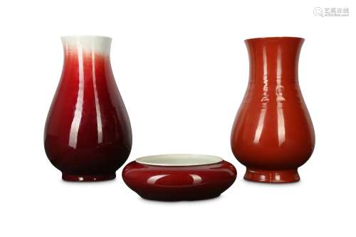 THREE CHINESE RED-GLAZED MONOCHROME ITEMS.