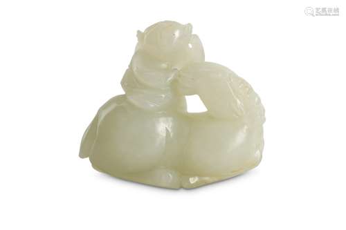 A CHINESE WHITE JADE 'BOY AND RAM' CARVING.